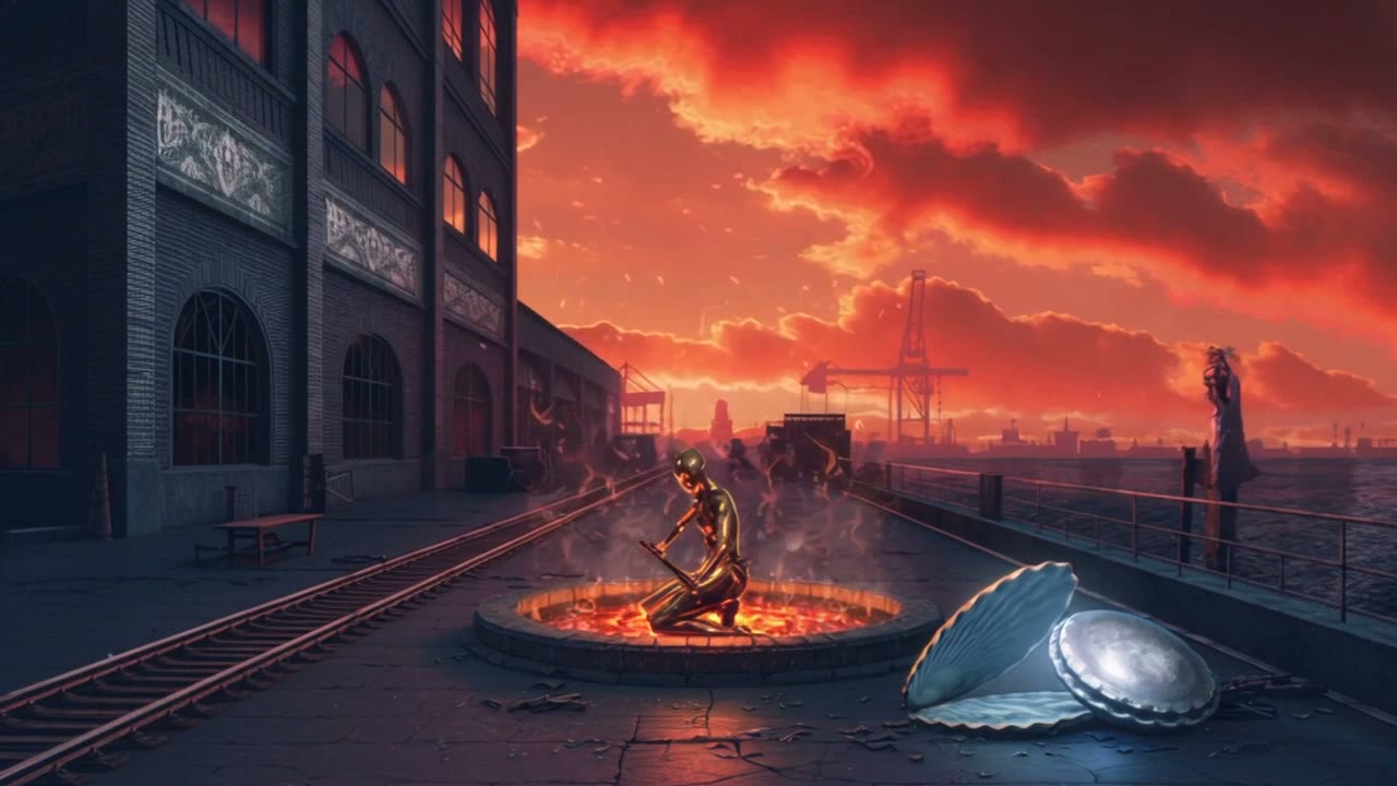 A forge under a red industrial sky, a forge-figure in the hearth, sparks becoming constellations.